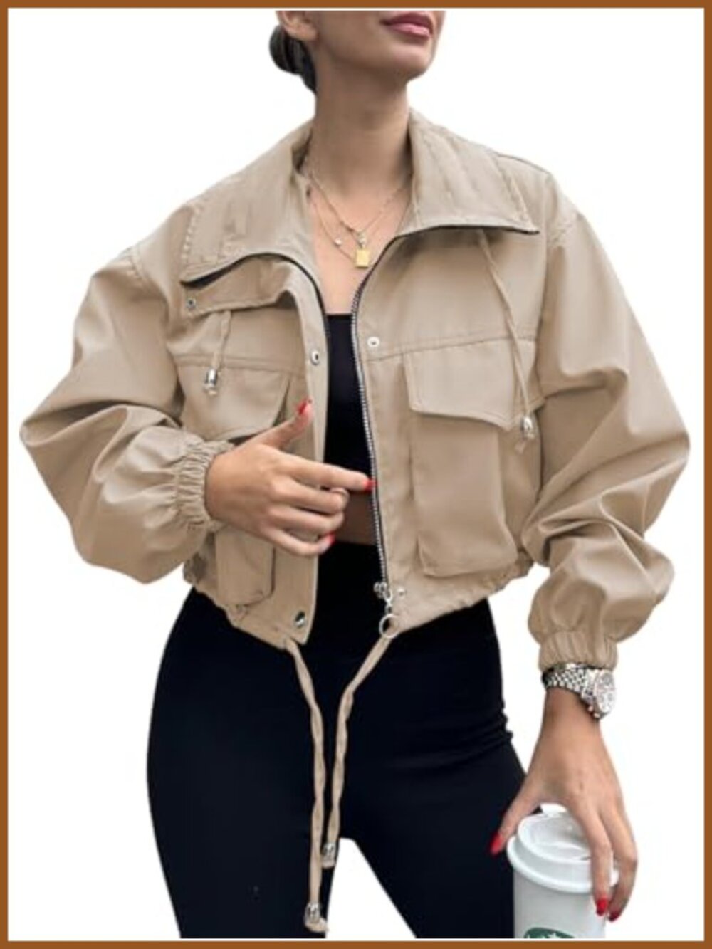 Womens Cropped Utility Jacket Zip Up Lightweight Oversized Anorak